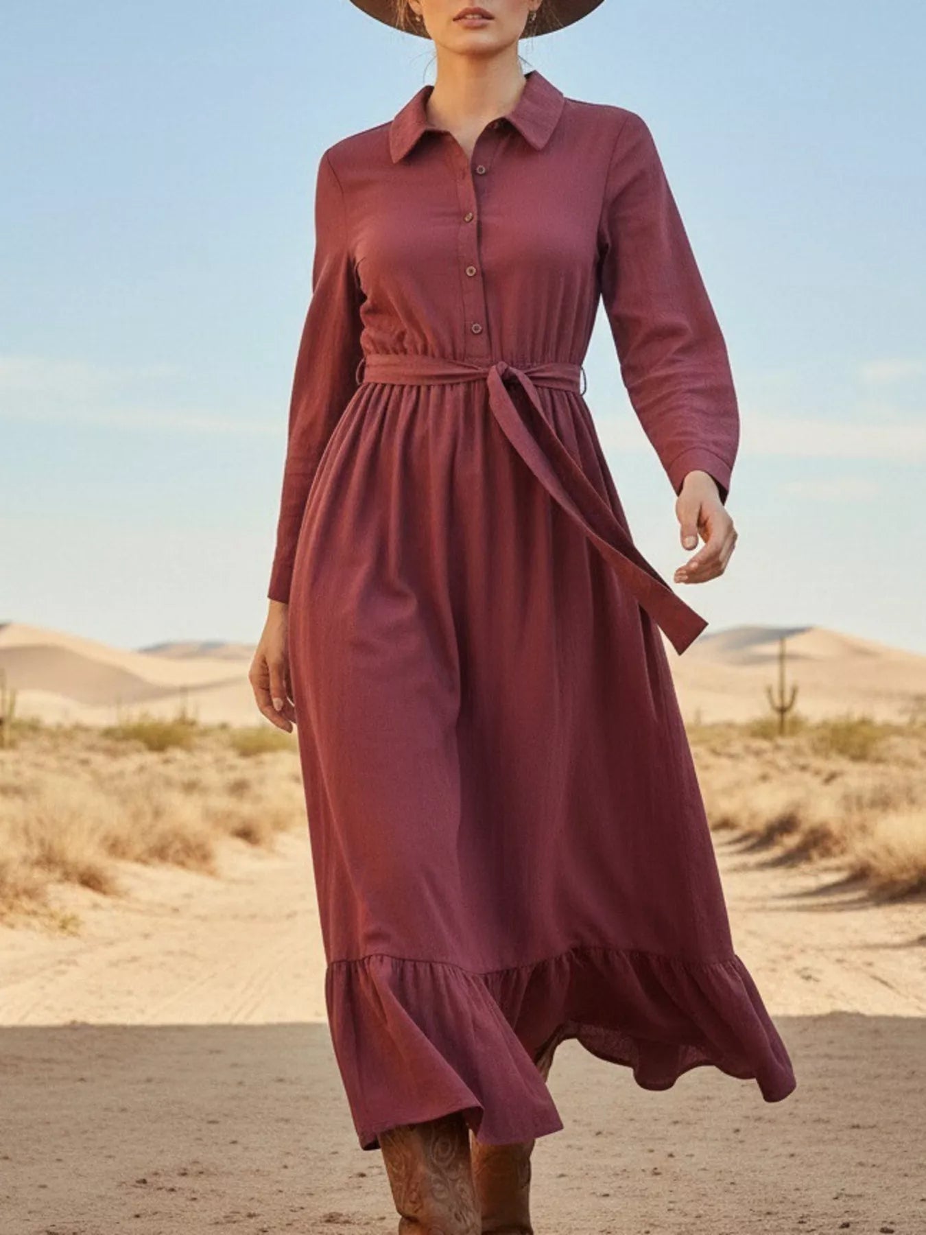 Tie Waist Long Sleeve Ruffled Hem Dress - MAD RUFFI