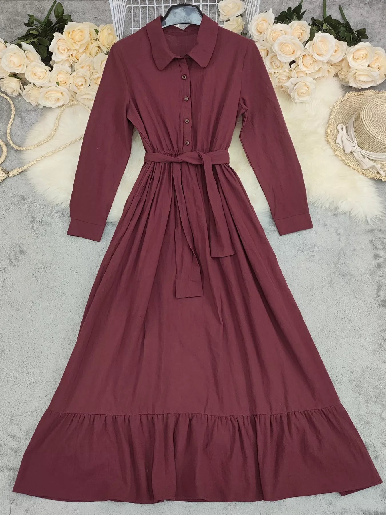 Tie Waist Long Sleeve Ruffled Hem Dress - MAD RUFFI