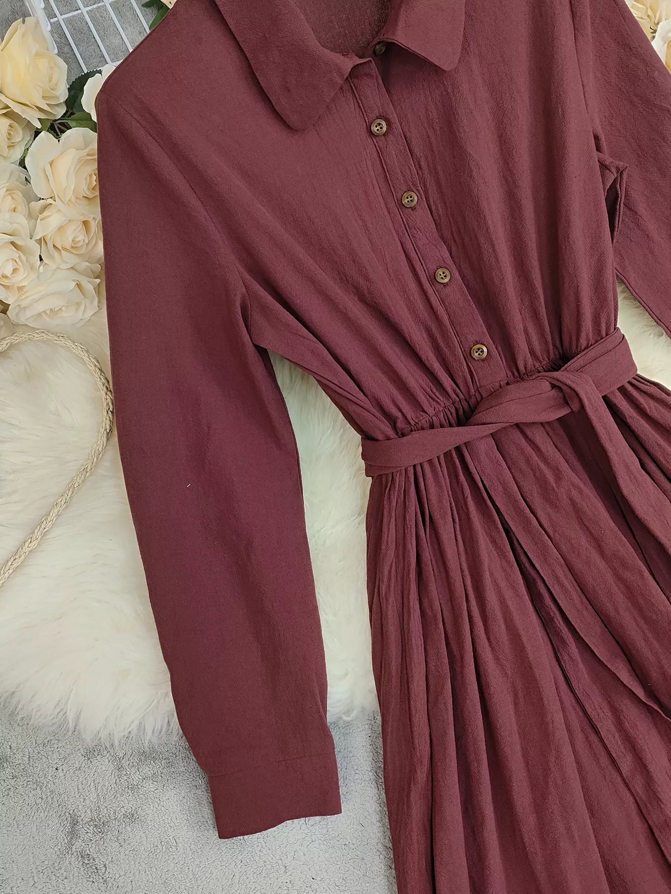Tie Waist Long Sleeve Ruffled Hem Dress - MAD RUFFI