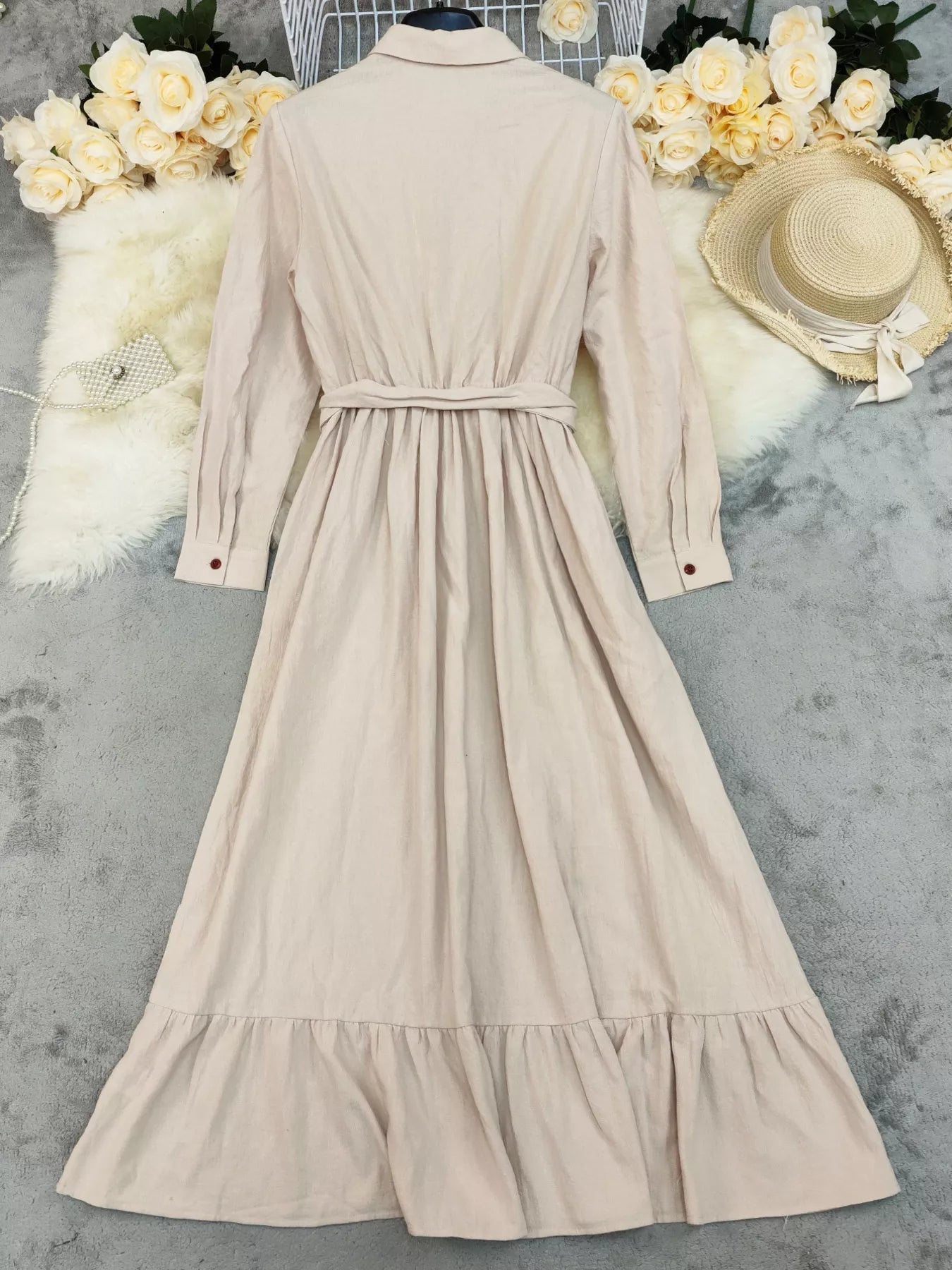 Tie Waist Long Sleeve Ruffled Hem Dress - MAD RUFFI