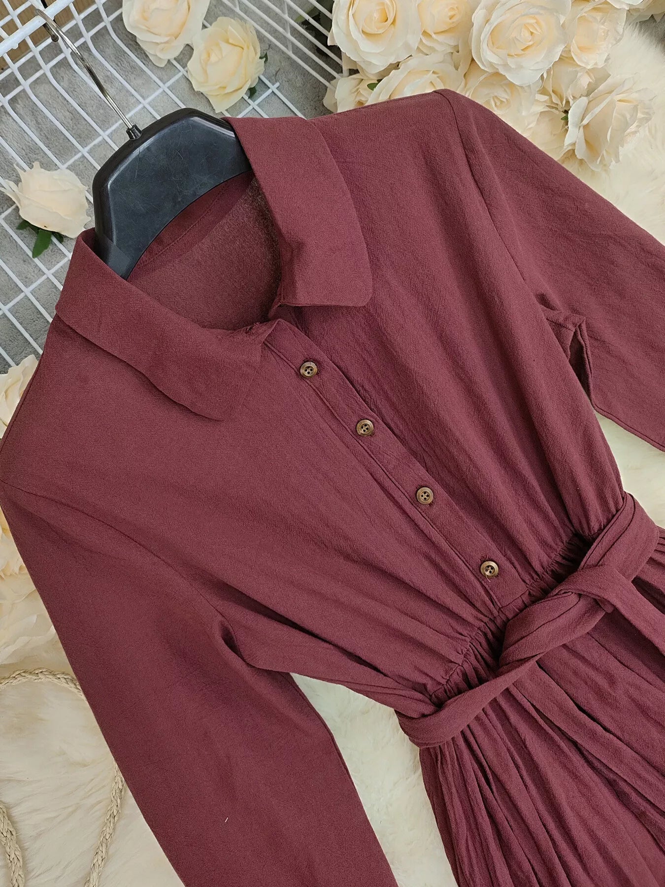 Tie Waist Long Sleeve Ruffled Hem Dress - MAD RUFFI