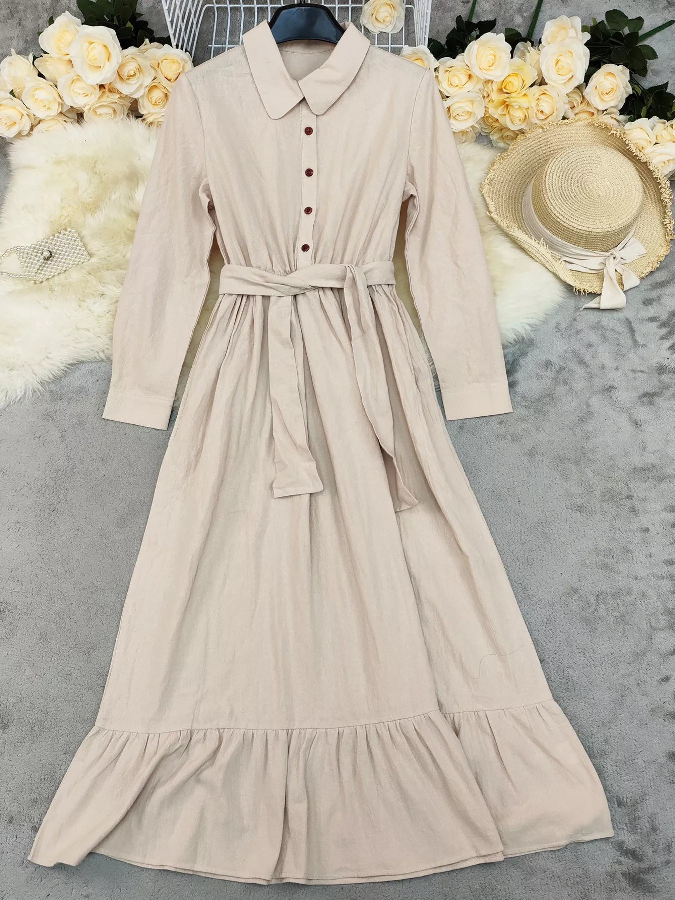 Tie Waist Long Sleeve Ruffled Hem Dress - MAD RUFFI