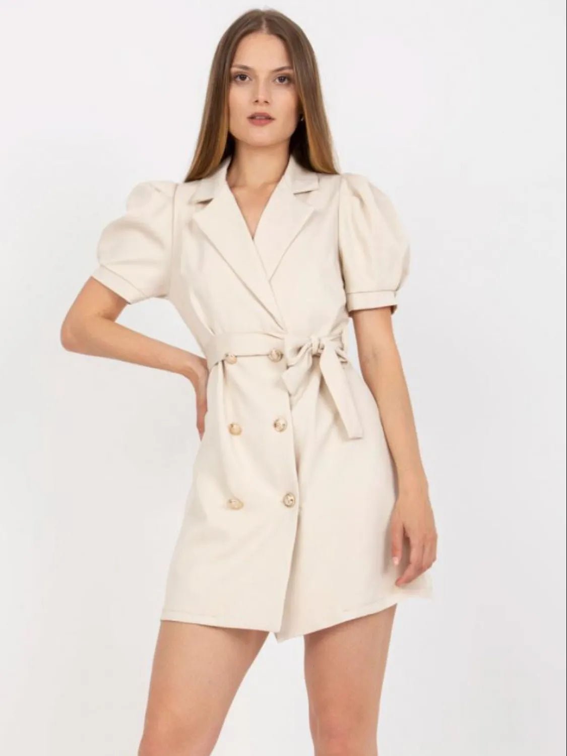 Tie Waist Short Sleeve Blazer Dress - MAD RUFFI