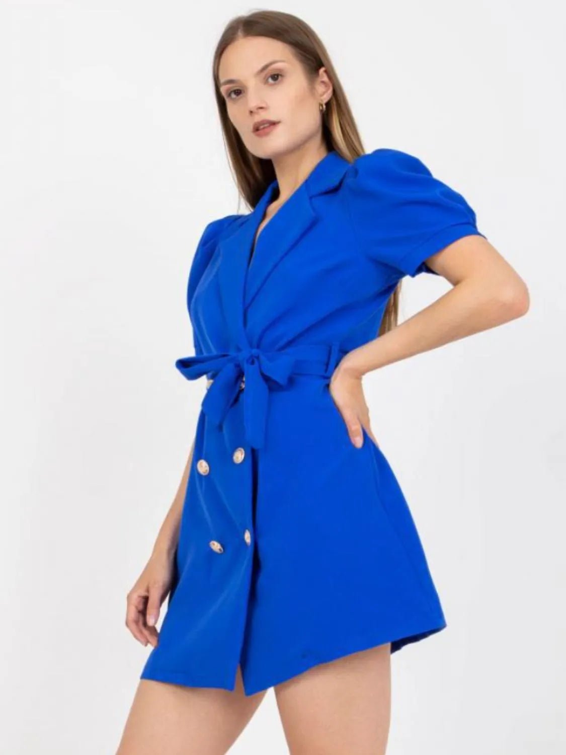 Tie Waist Short Sleeve Blazer Dress - MAD RUFFI