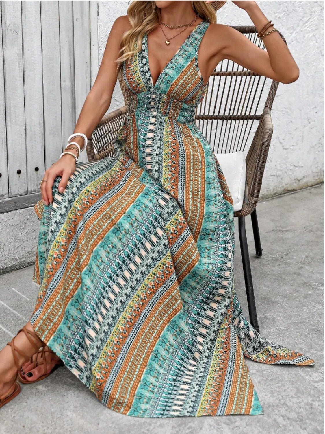 Tied Back Printed Sleeveless Maxi Slit Dress - MAD RUFFI