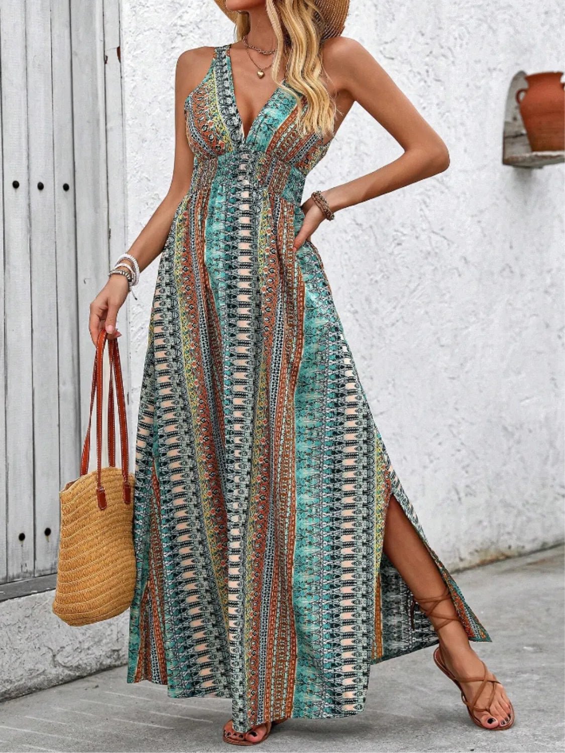 Tied Back Printed Sleeveless Maxi Slit Dress - MAD RUFFI