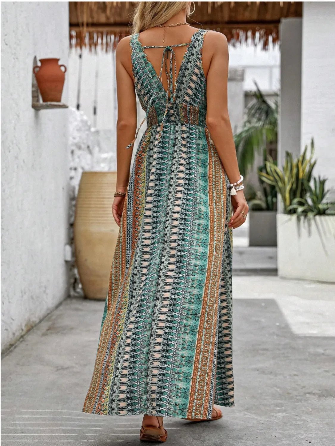 Tied Back Printed Sleeveless Maxi Slit Dress - MAD RUFFI