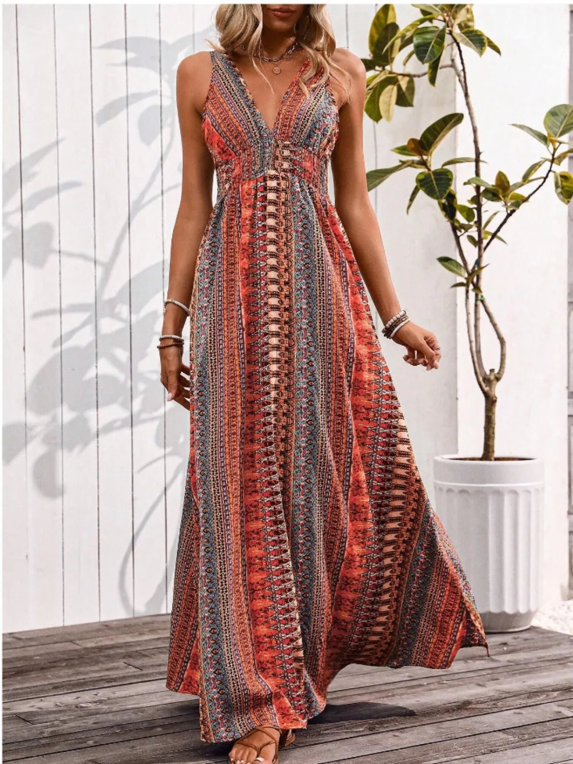 Tied Back Printed Sleeveless Maxi Slit Dress - MAD RUFFI