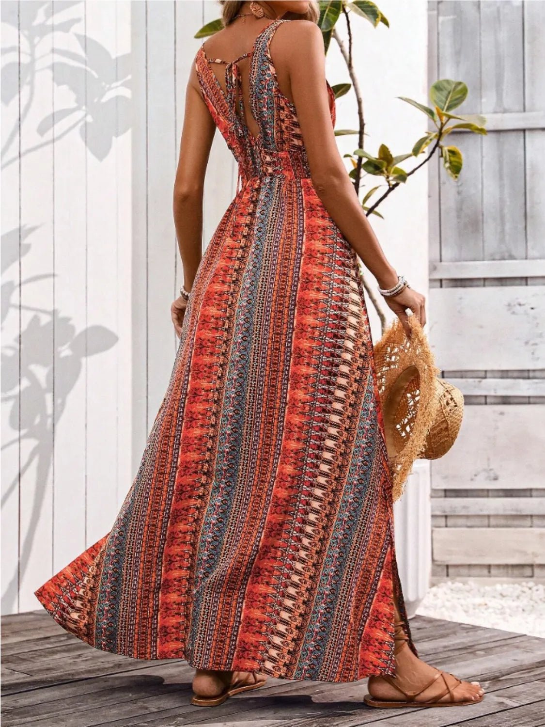 Tied Back Printed Sleeveless Maxi Slit Dress - MAD RUFFI