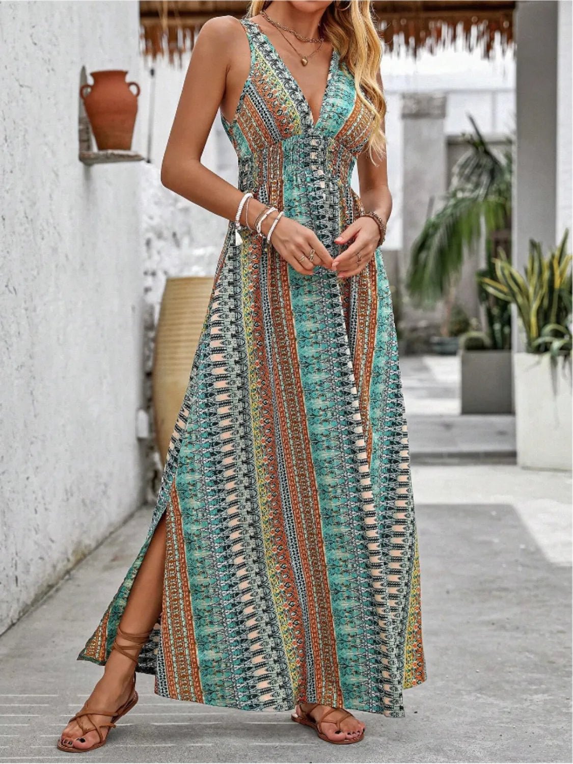 Tied Back Printed Sleeveless Maxi Slit Dress - MAD RUFFI
