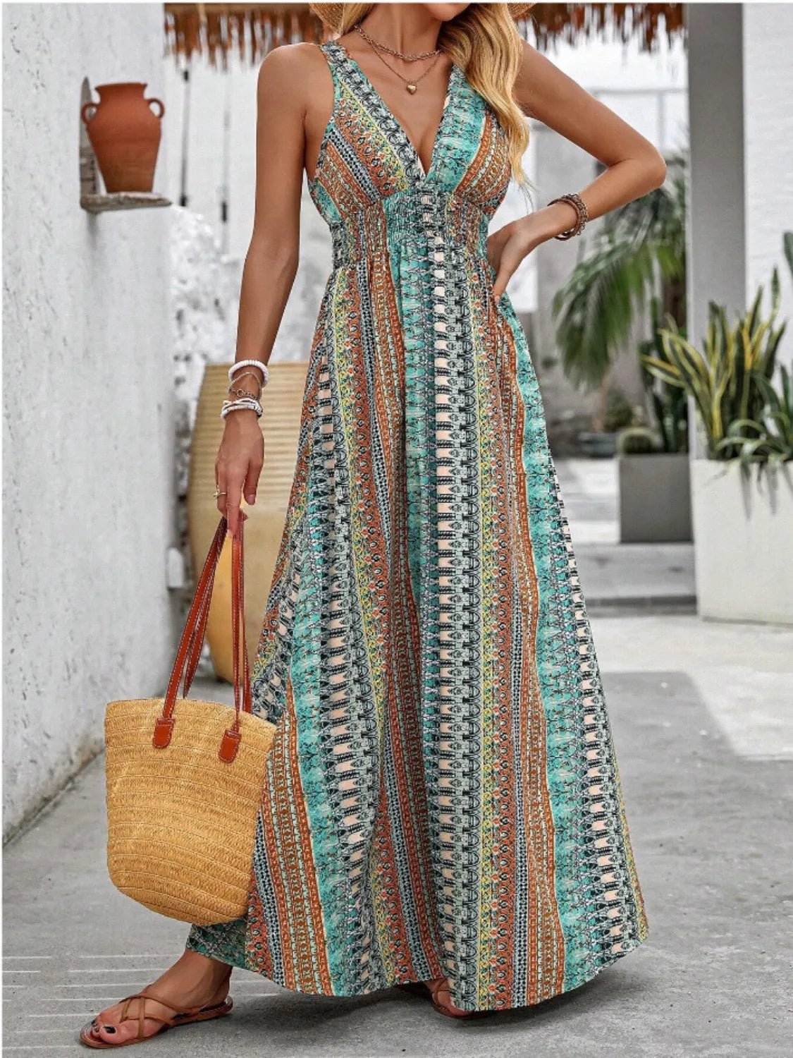 Tied Back Printed Sleeveless Maxi Slit Dress - MAD RUFFI