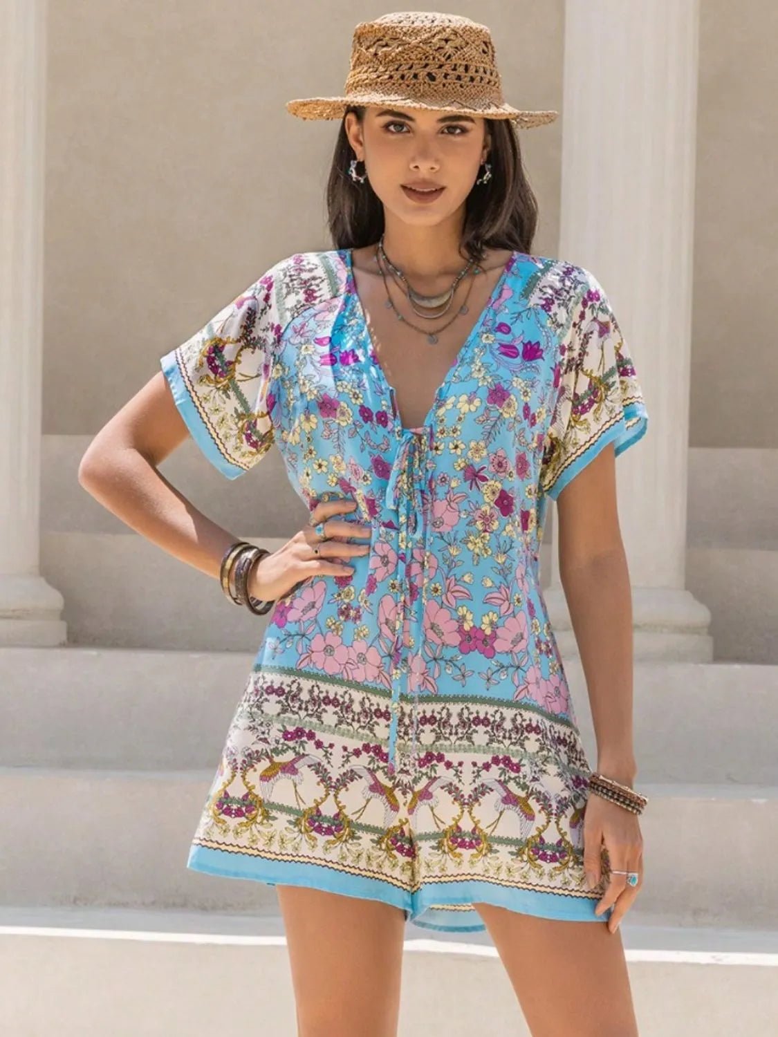 Tied Front Printed Short Sleeve Romper - MAD RUFFI