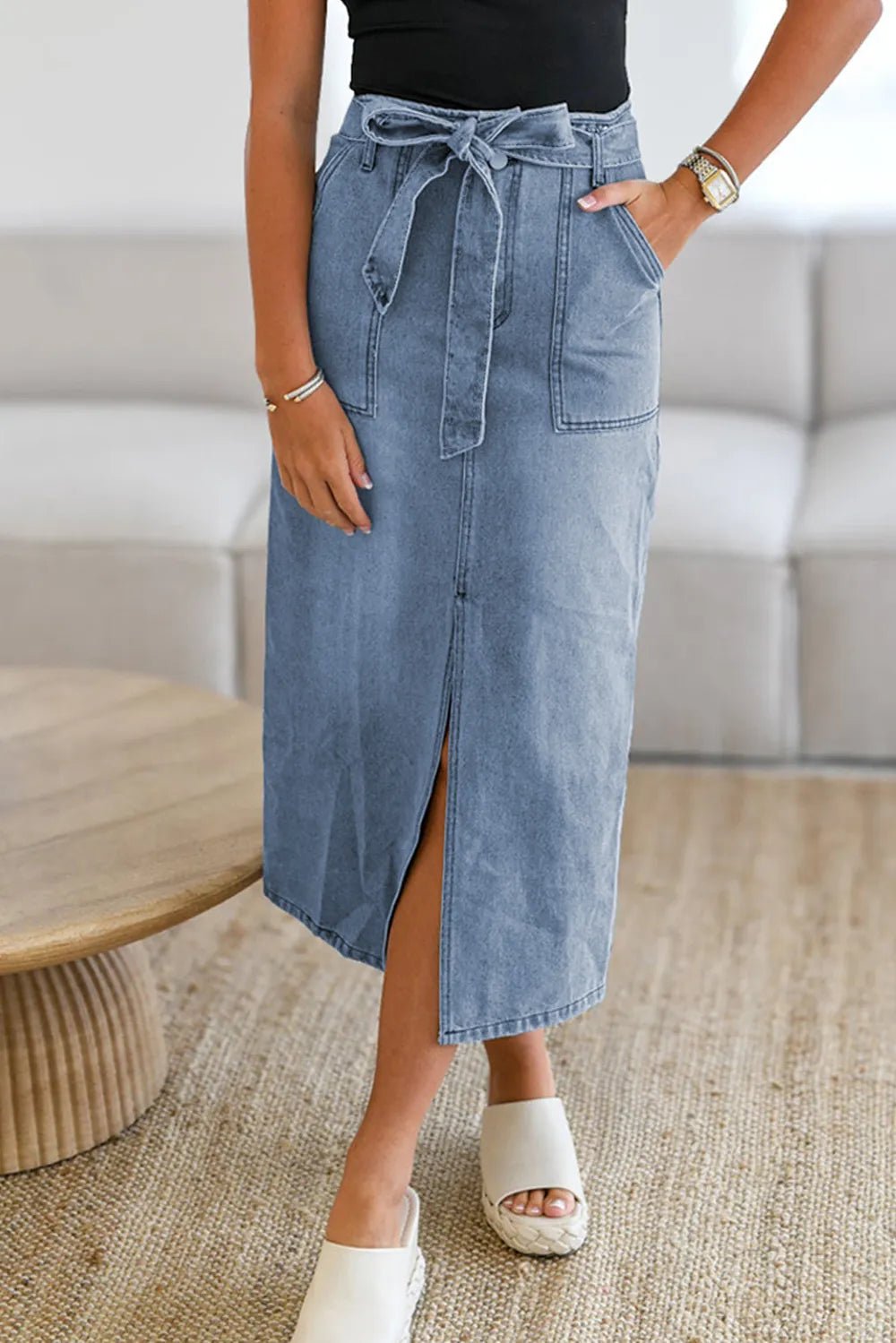 Tied Slit Denim Skirt - MAD RUFFI