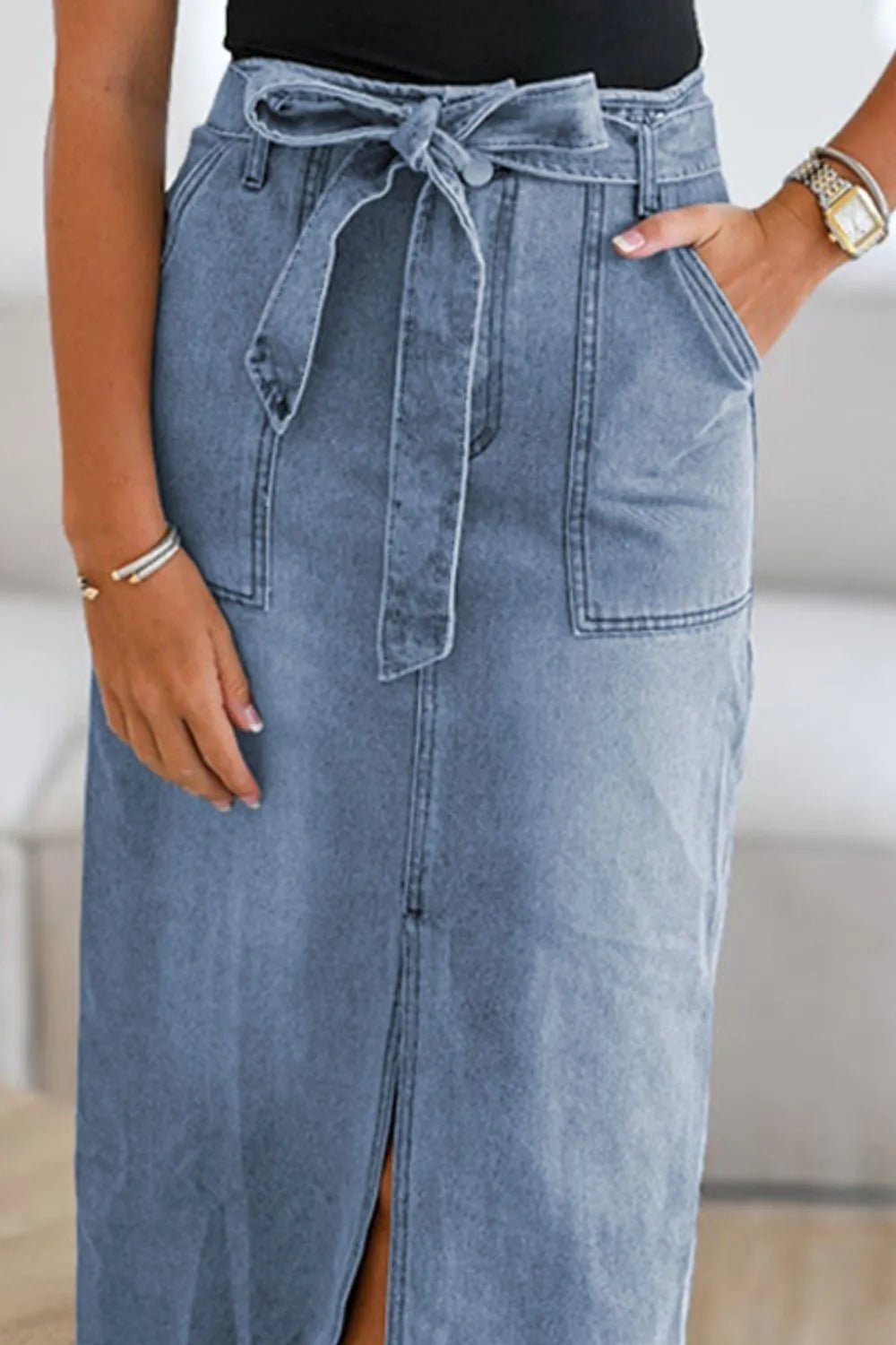 Tied Slit Denim Skirt - MAD RUFFI