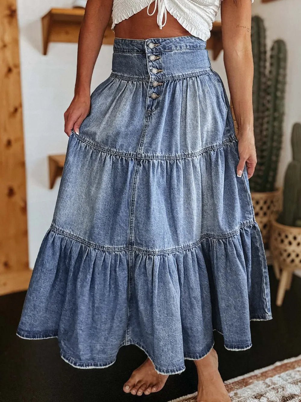 Tiered Button - Fly Denim Skirt - MAD RUFFI