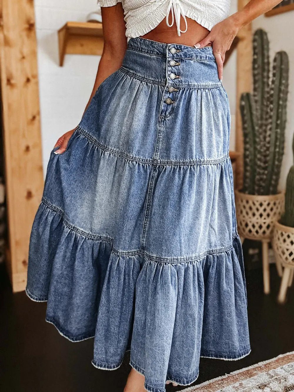 Tiered Button - Fly Denim Skirt - MAD RUFFI