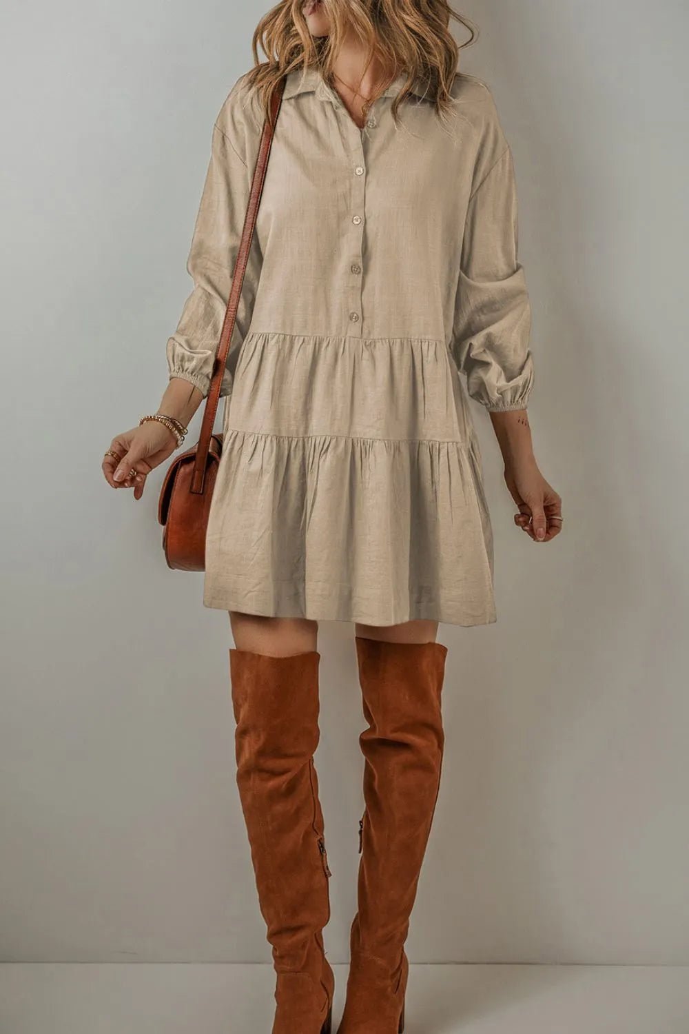 Tiered Collared Neck Balloon Sleeve Shirt Dress - MAD RUFFI