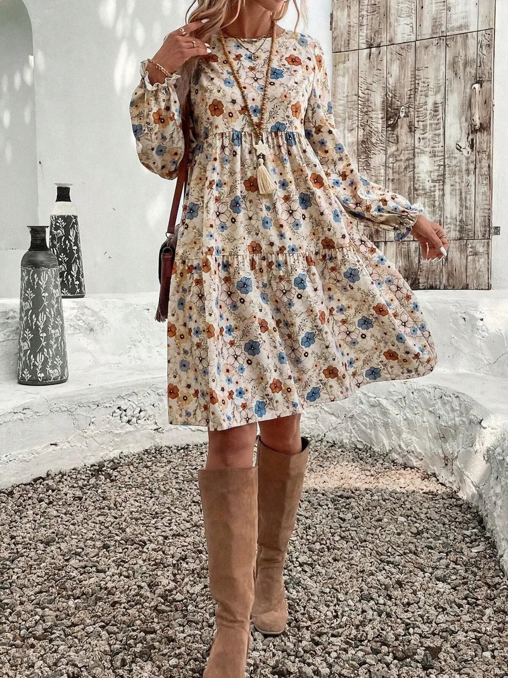 Tiered Floral Round Neck Long Sleeve Dress - MAD RUFFI