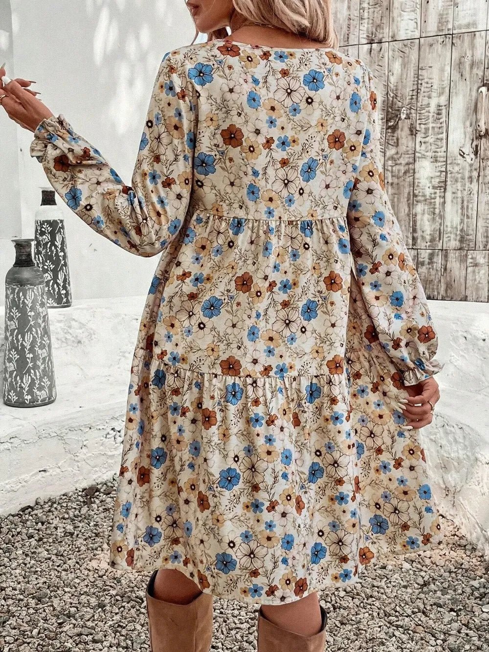 Tiered Floral Round Neck Long Sleeve Dress - MAD RUFFI