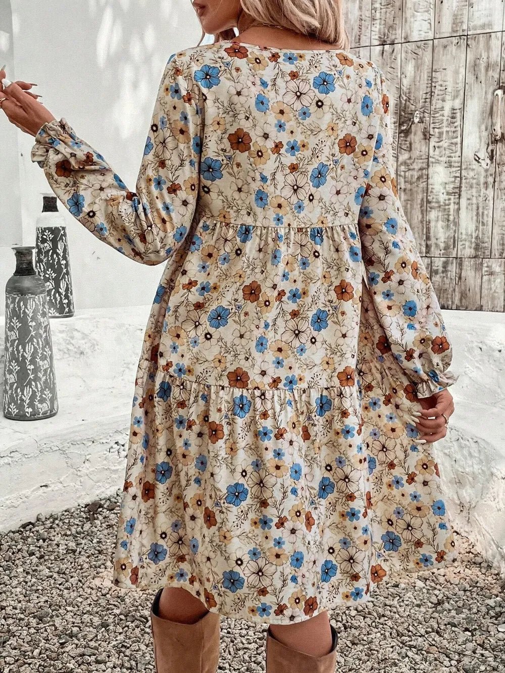 Tiered Floral Round Neck Long Sleeve Dress - MAD RUFFI