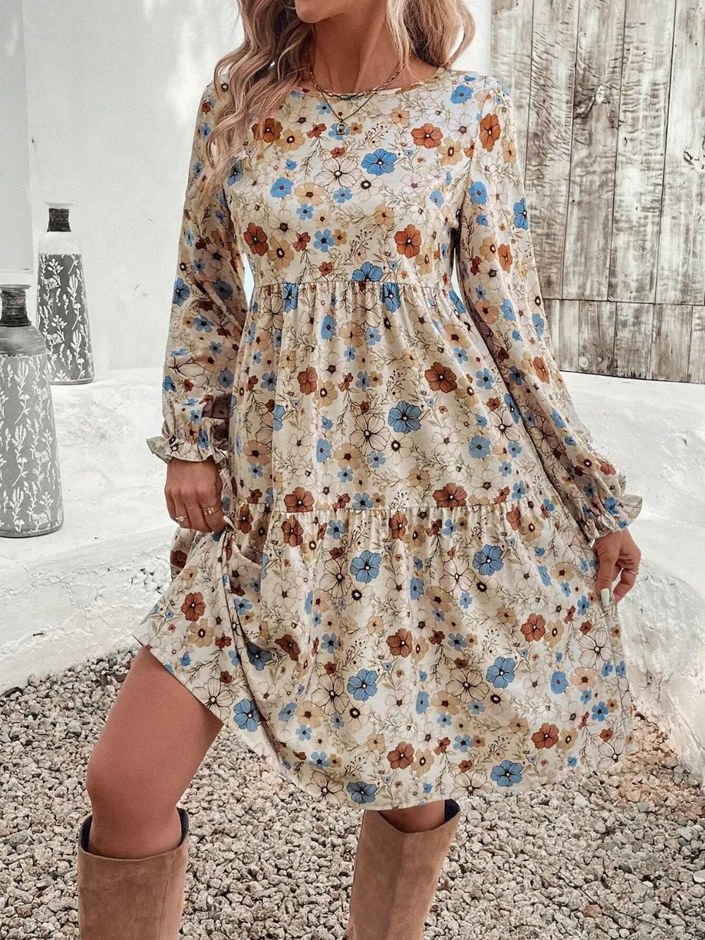 Tiered Floral Round Neck Long Sleeve Dress - MAD RUFFI