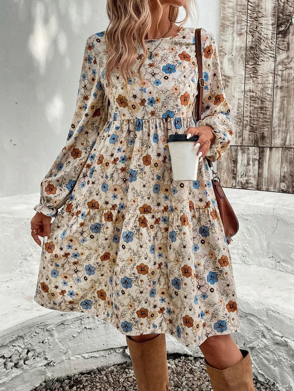 Tiered Floral Round Neck Long Sleeve Dress - MAD RUFFI