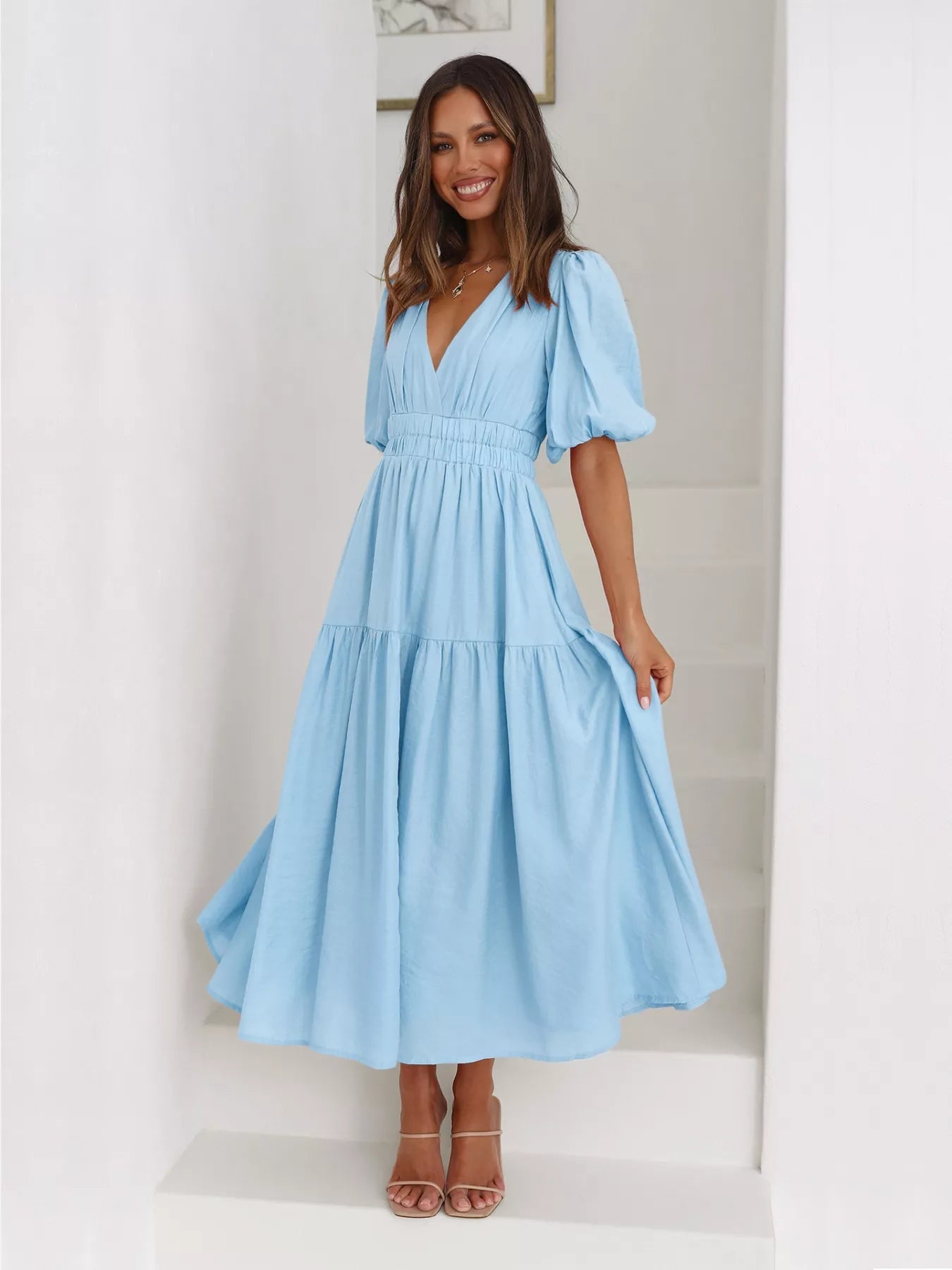 Tiered Puff Sleeve Midi Dress - MAD RUFFI