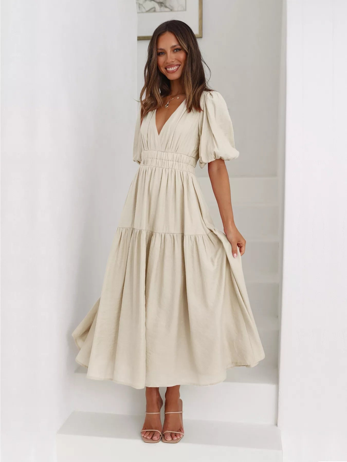 Tiered Puff Sleeve Midi Dress - MAD RUFFI