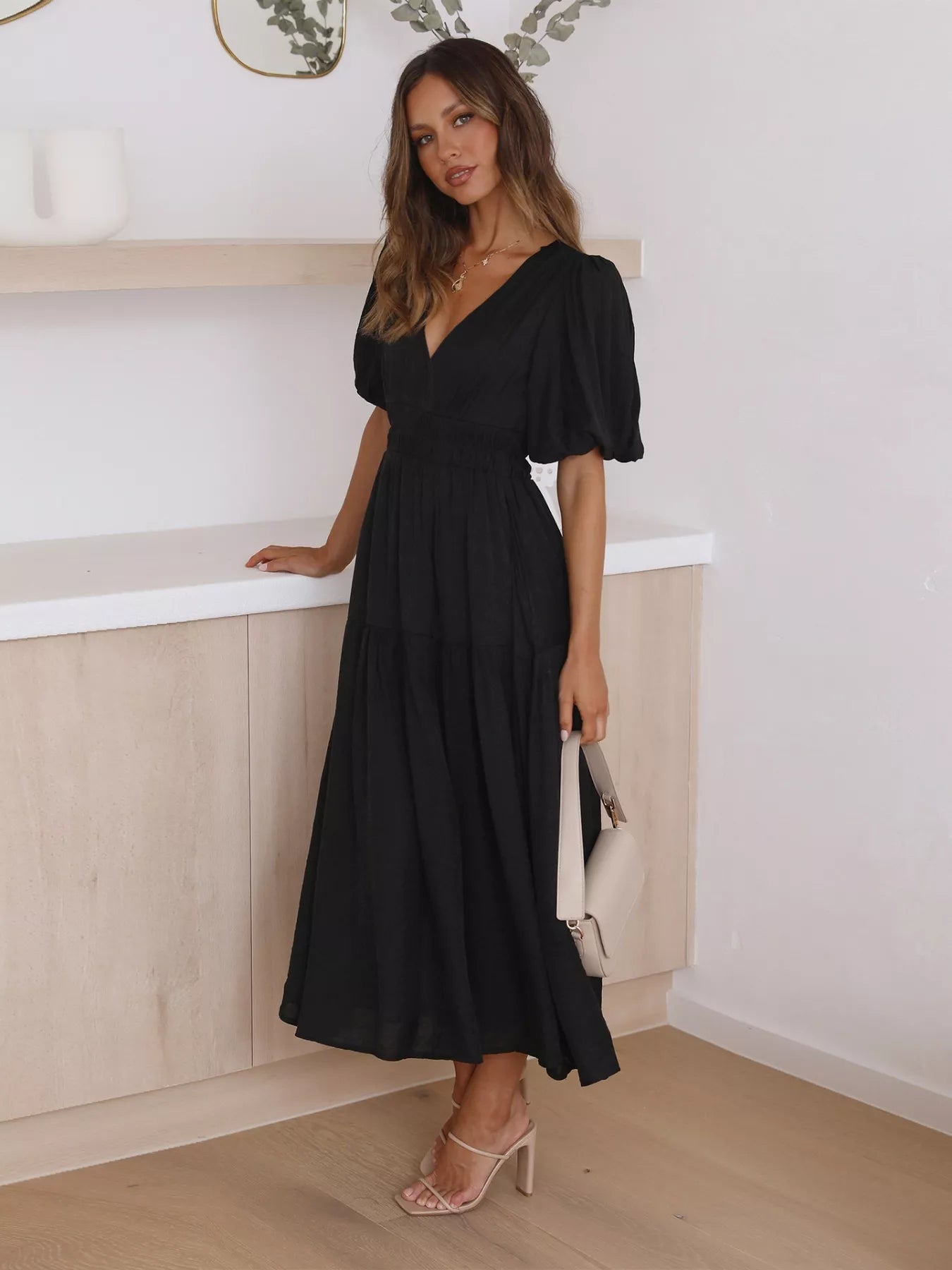 Tiered Puff Sleeve Midi Dress - MAD RUFFI