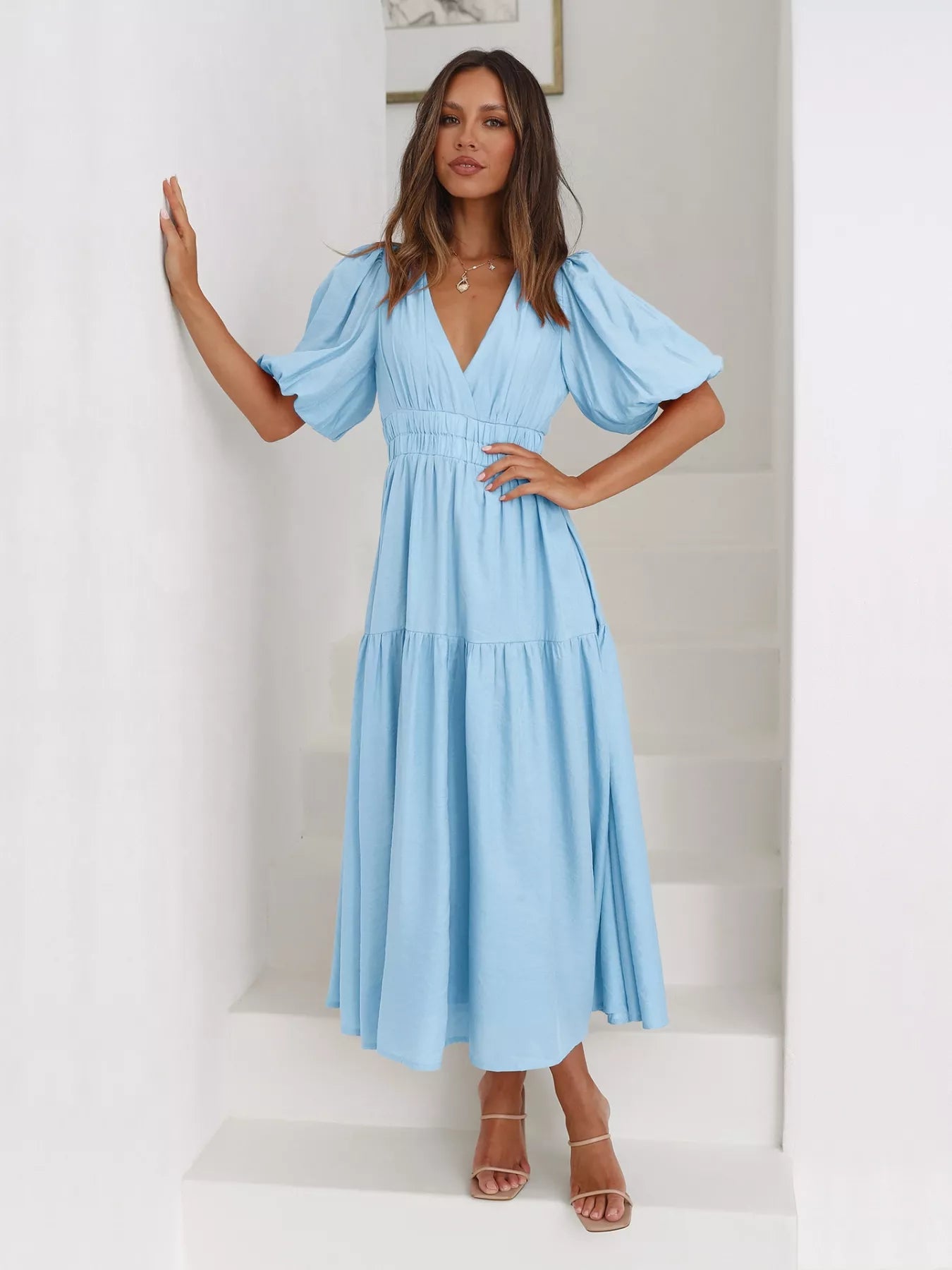 Tiered Puff Sleeve Midi Dress - MAD RUFFI