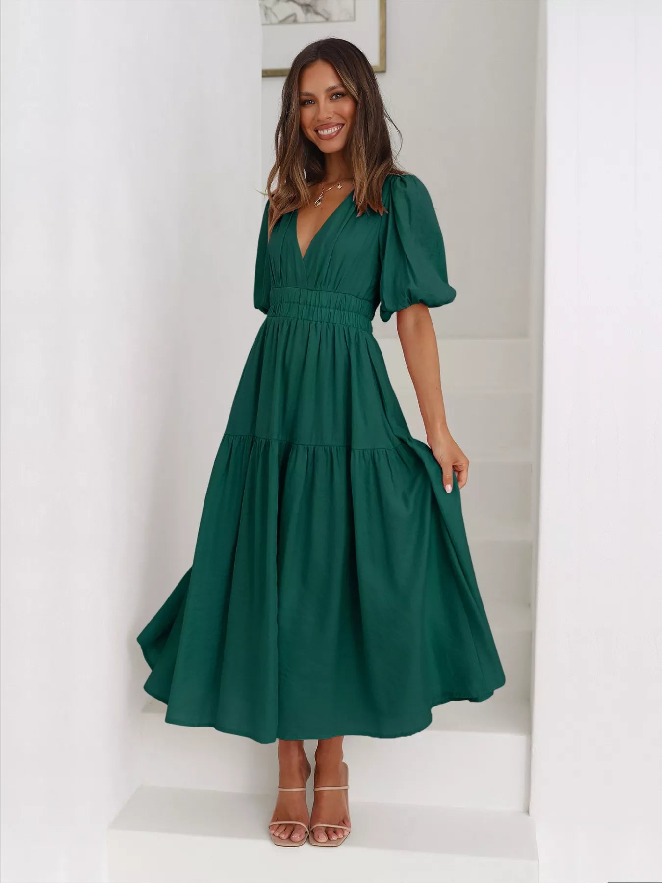 Tiered Puff Sleeve Midi Dress - MAD RUFFI