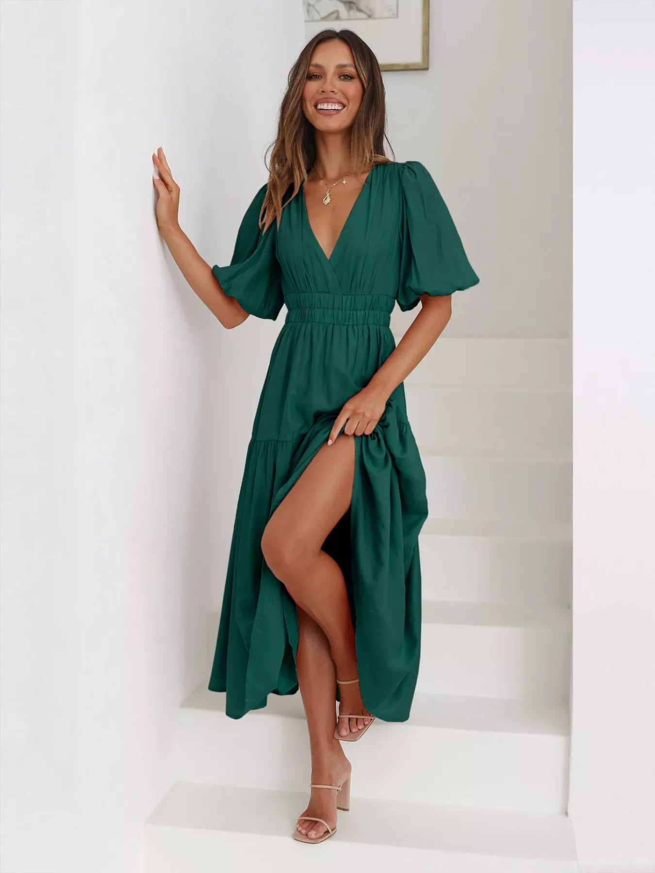 Tiered Puff Sleeve Midi Dress - MAD RUFFI
