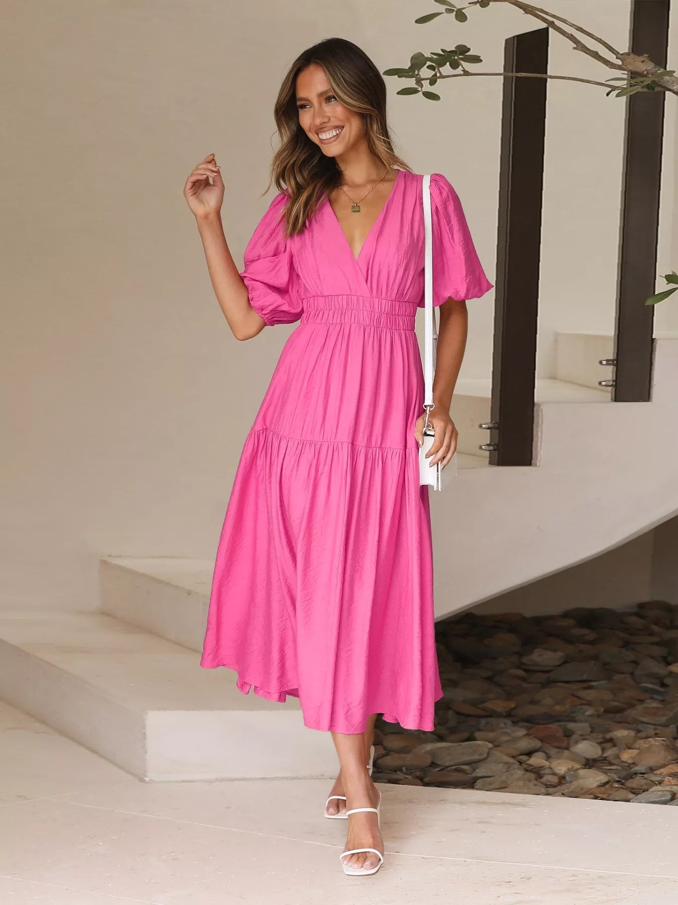 Tiered Puff Sleeve Midi Dress - MAD RUFFI