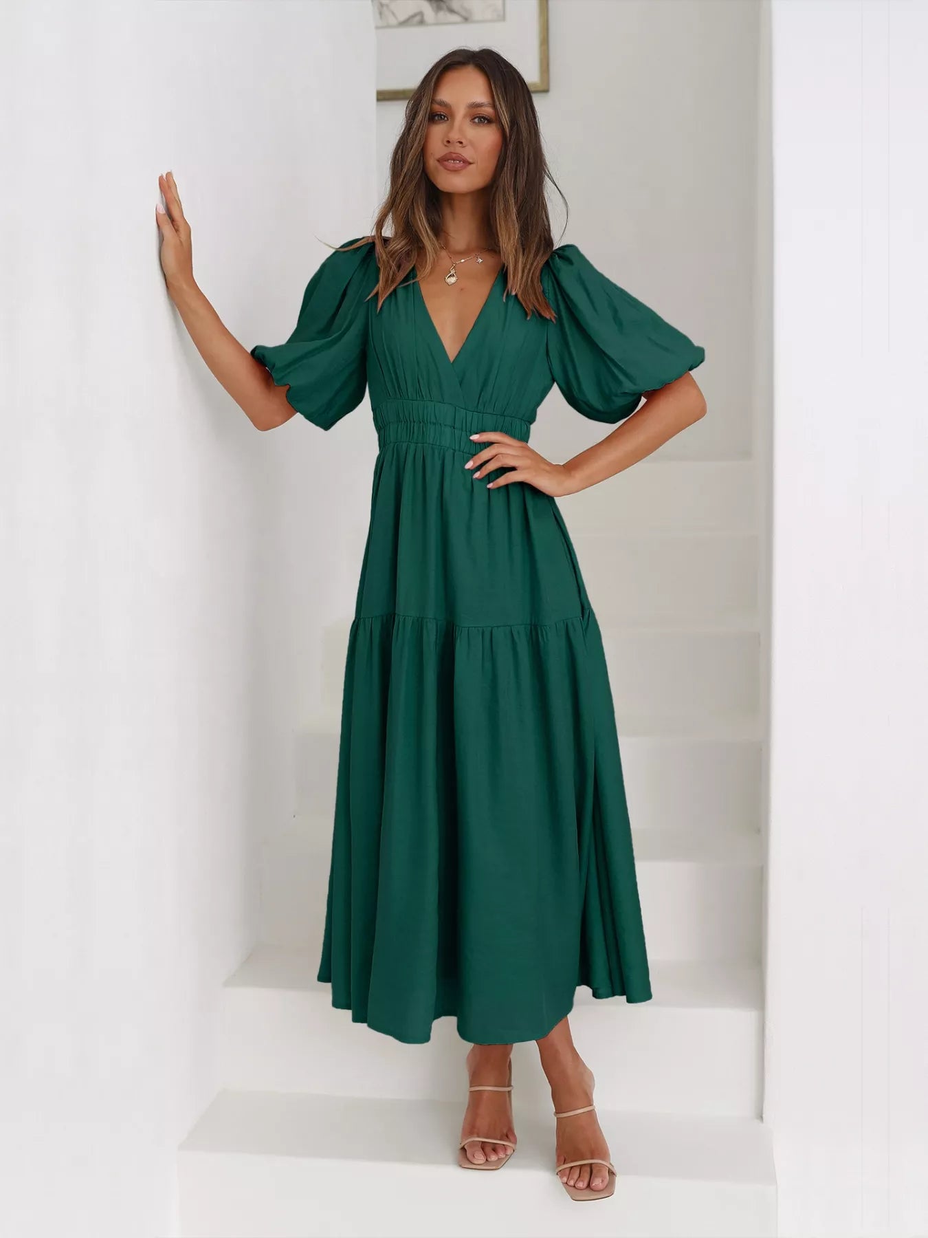 Tiered Puff Sleeve Midi Dress - MAD RUFFI