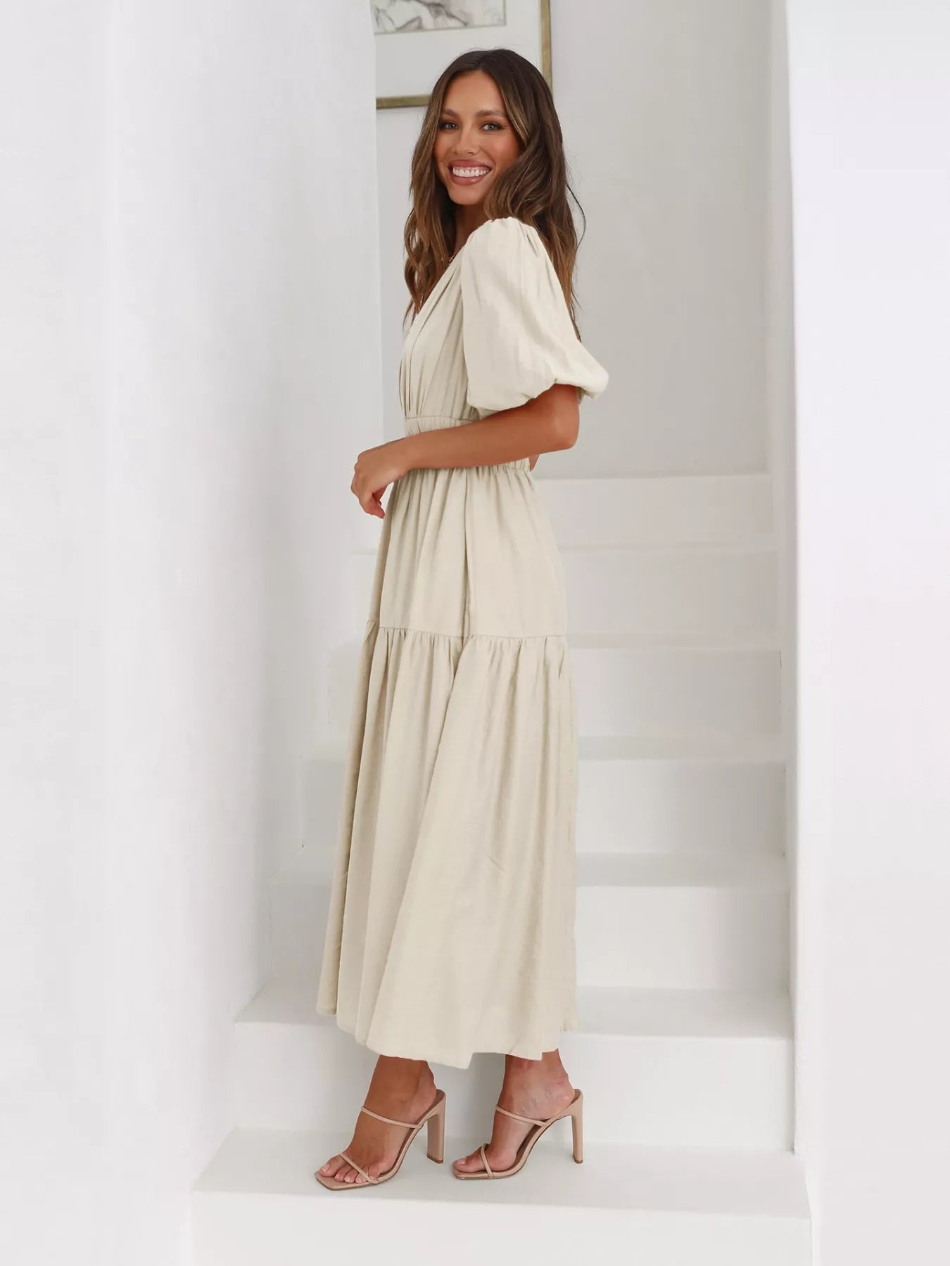 Tiered Puff Sleeve Midi Dress - MAD RUFFI