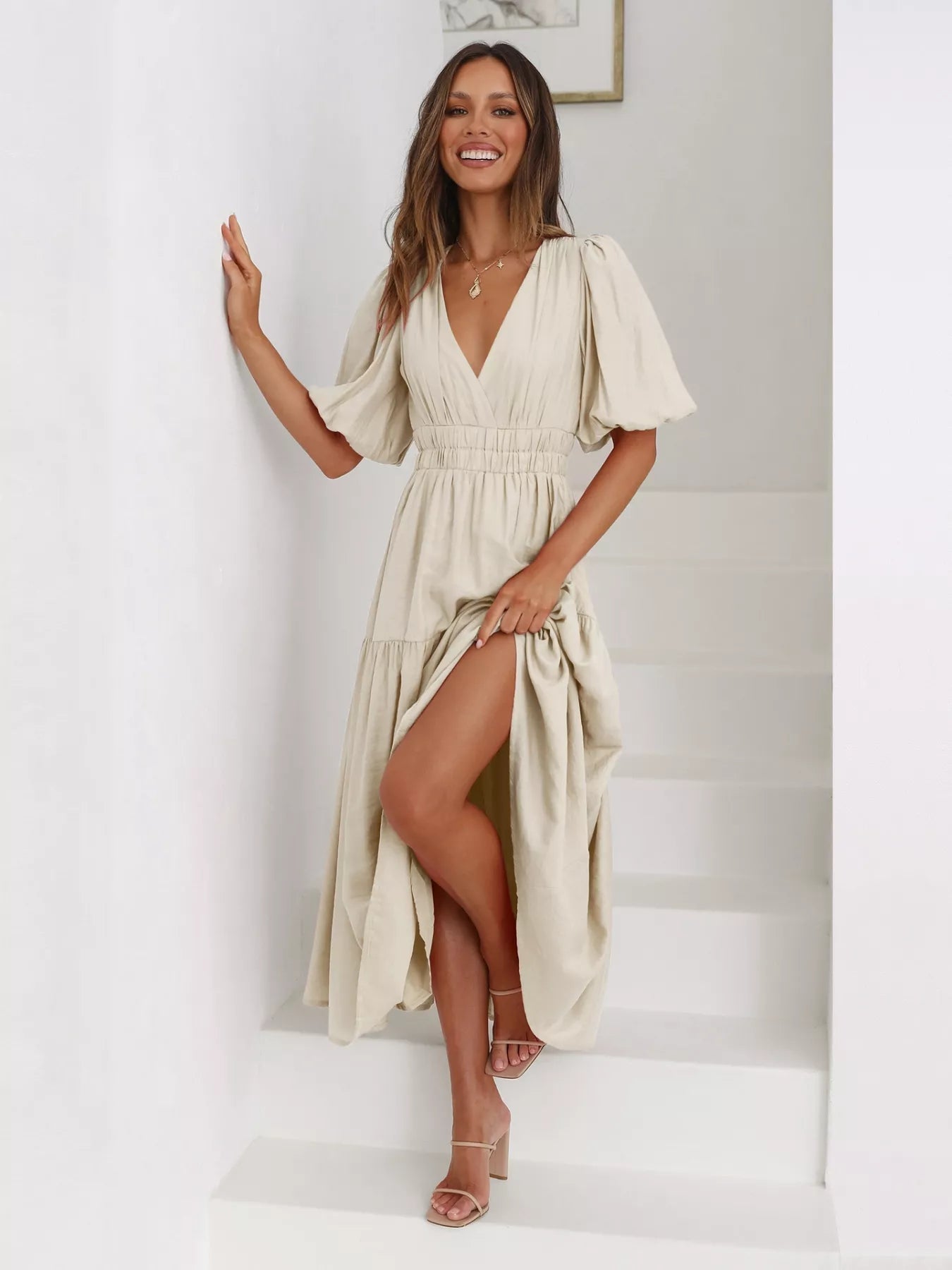 Tiered Puff Sleeve Midi Dress - MAD RUFFI