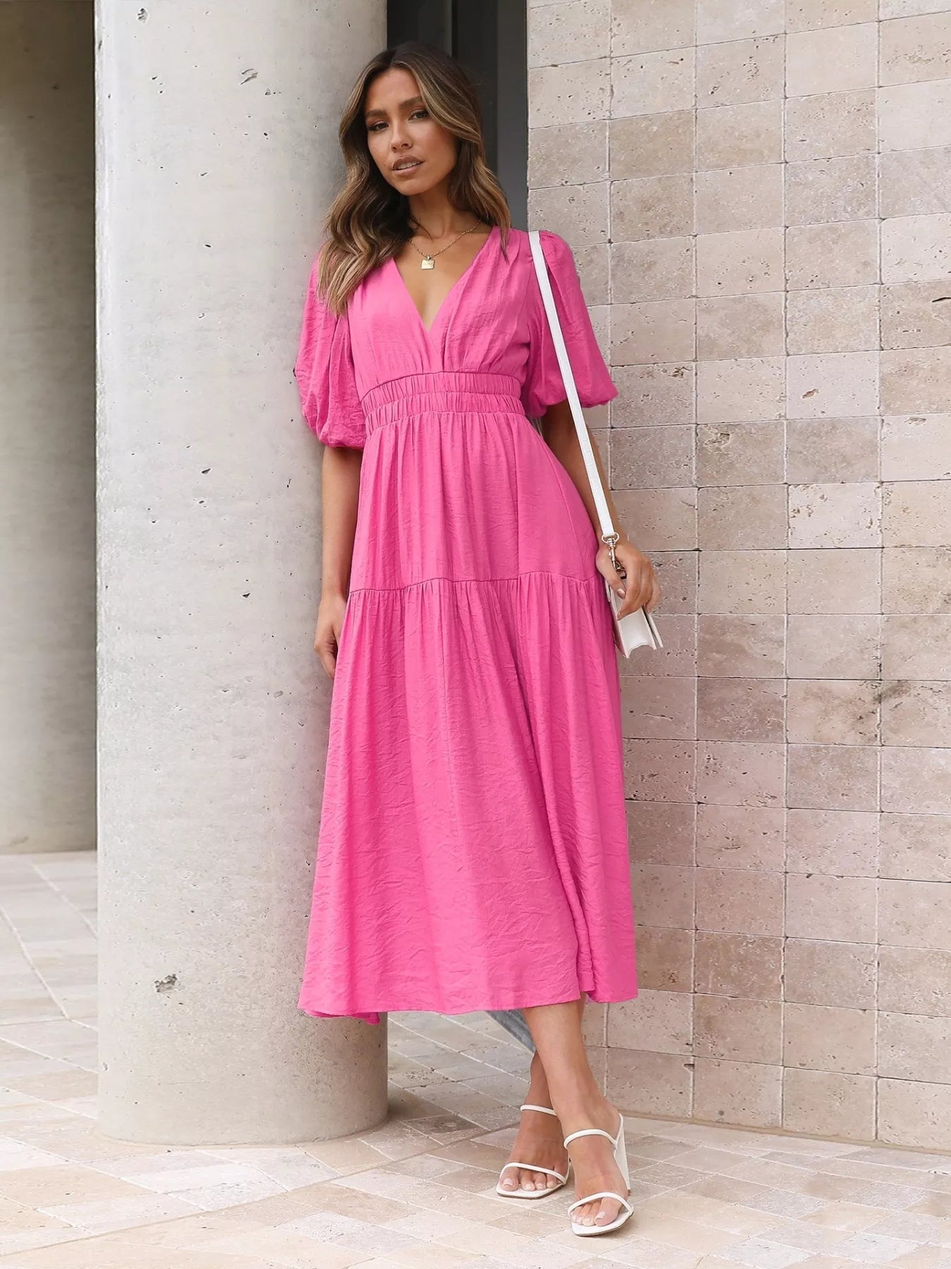 Tiered Puff Sleeve Midi Dress - MAD RUFFI