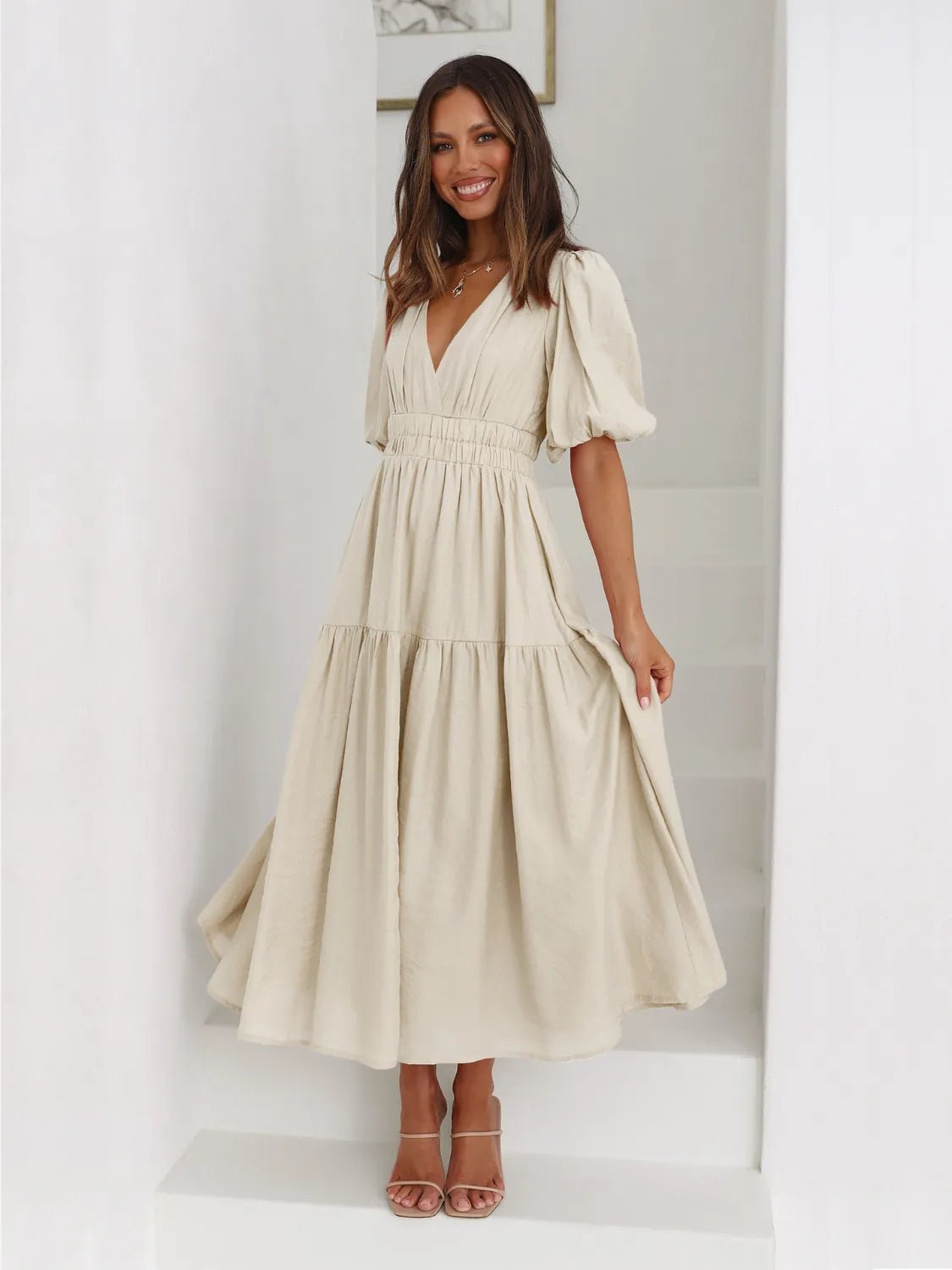 Tiered Surplice Half Sleeve Midi Dress - MAD RUFFI