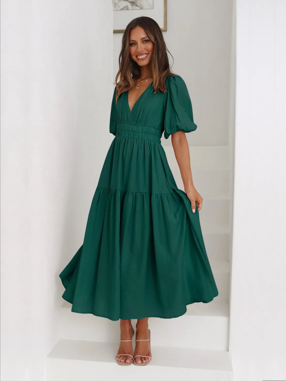 Tiered Surplice Half Sleeve Midi Dress - MAD RUFFI