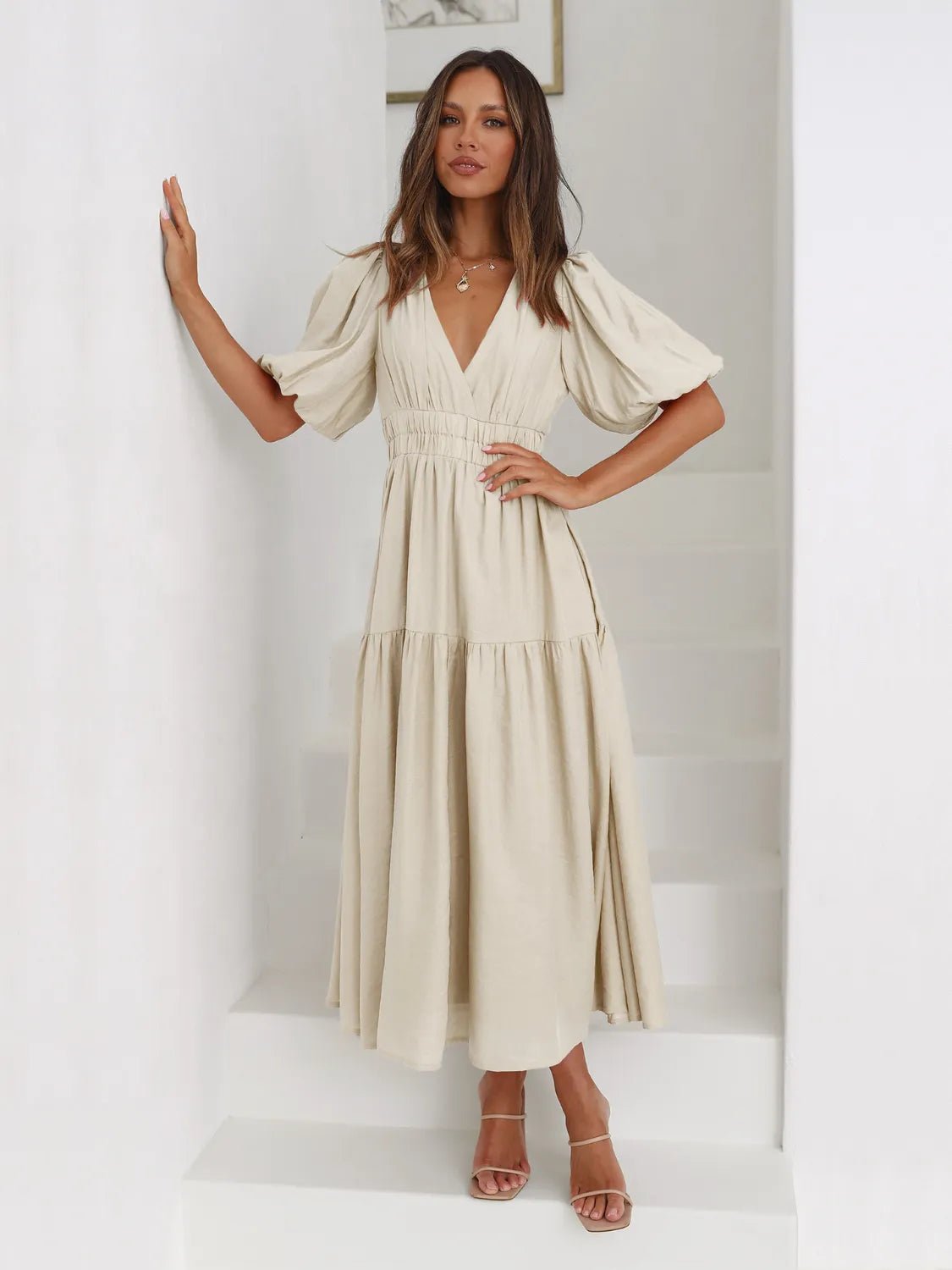 Tiered Surplice Half Sleeve Midi Dress - MAD RUFFI