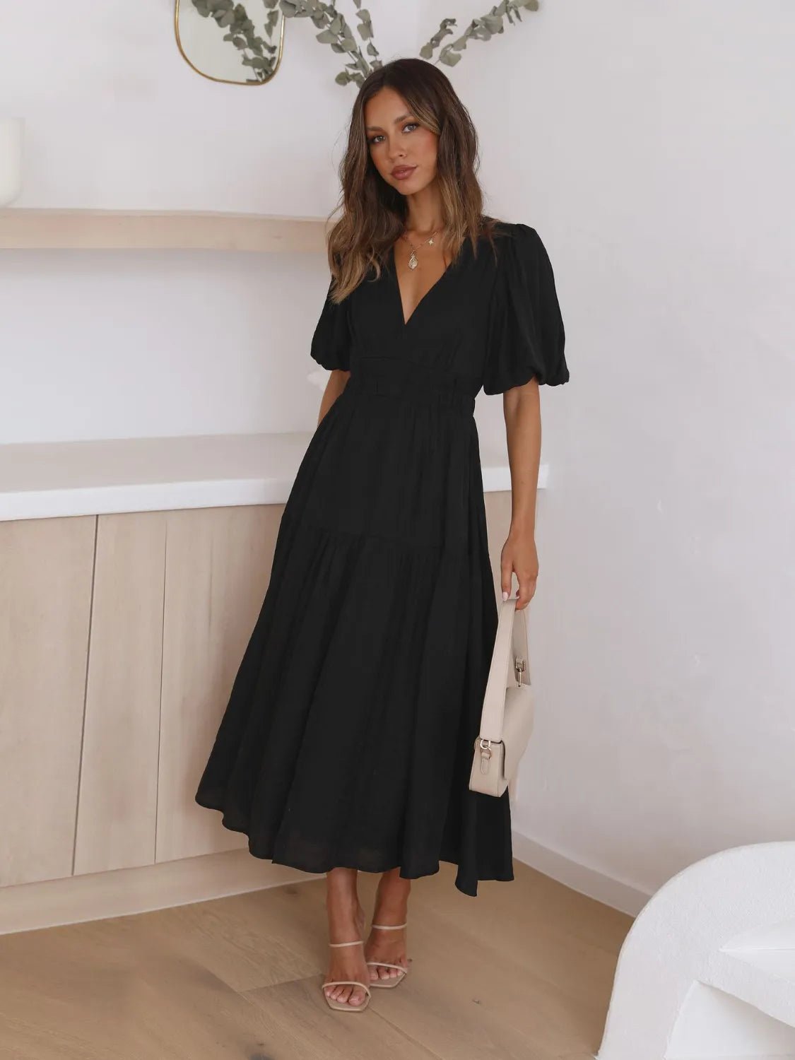 Tiered Surplice Half Sleeve Midi Dress - MAD RUFFI