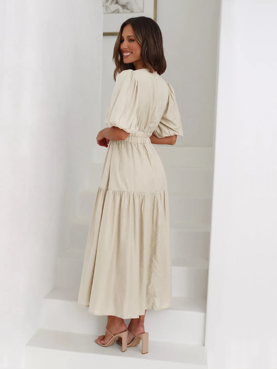 Tiered Surplice Half Sleeve Midi Dress - MAD RUFFI