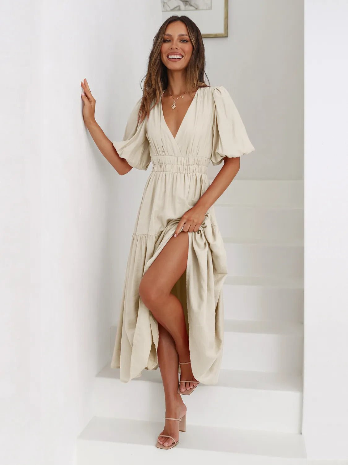 Tiered Surplice Half Sleeve Midi Dress - MAD RUFFI
