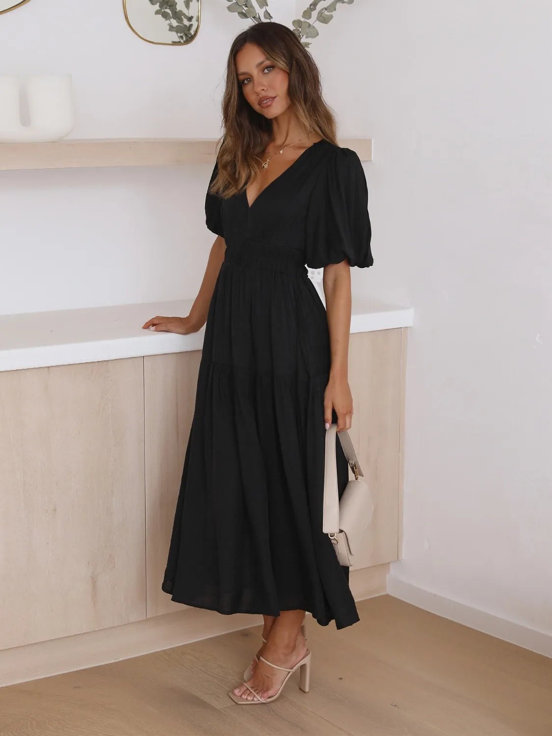 Tiered Surplice Half Sleeve Midi Dress - MAD RUFFI