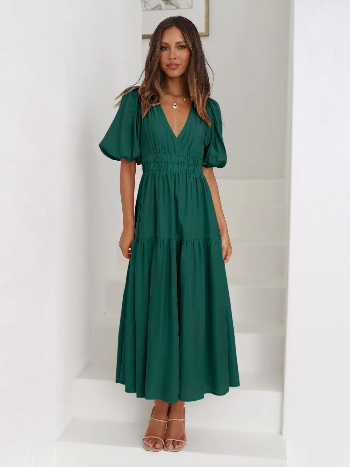 Tiered Surplice Half Sleeve Midi Dress - MAD RUFFI