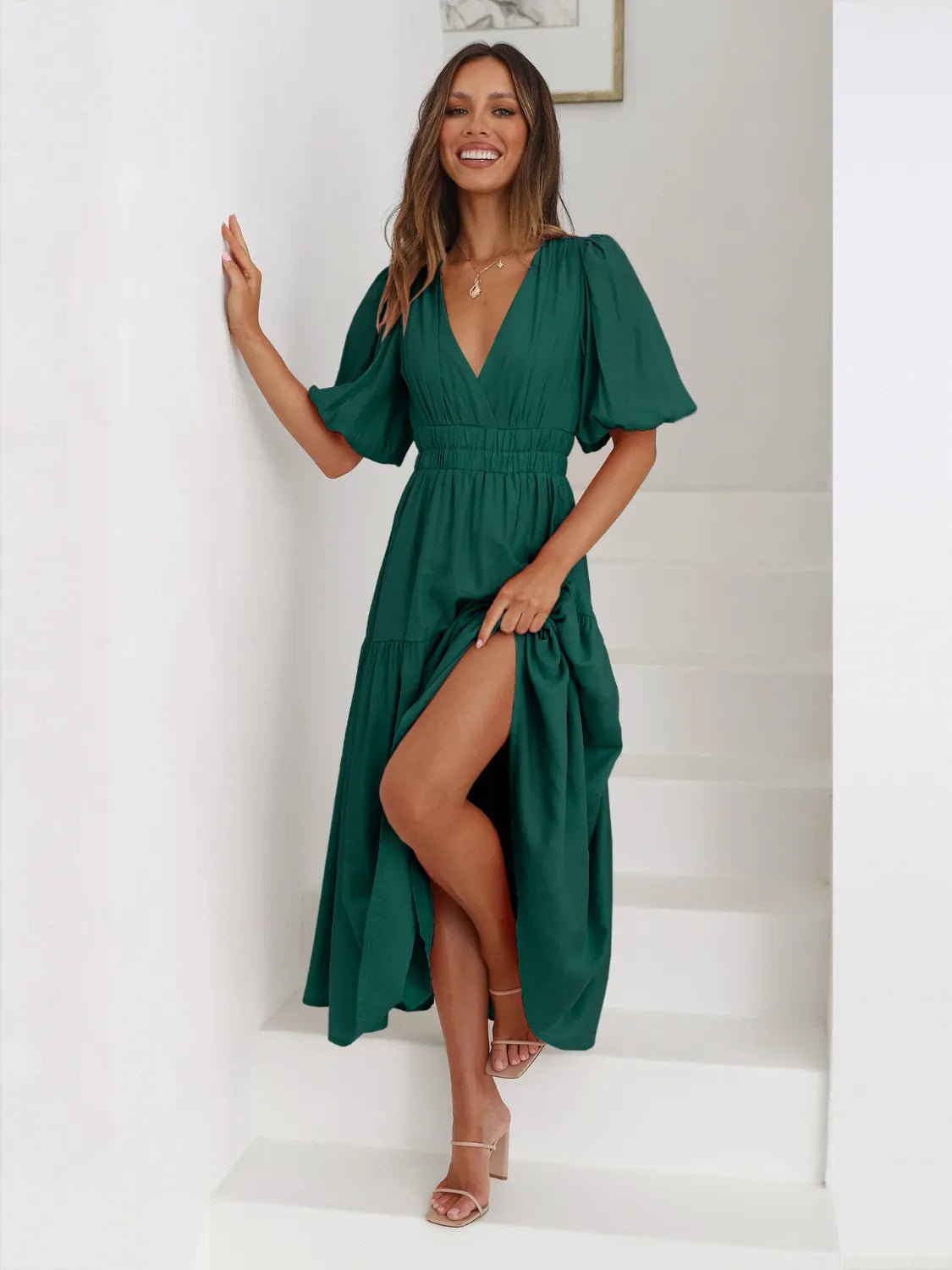 Tiered Surplice Half Sleeve Midi Dress - MAD RUFFI
