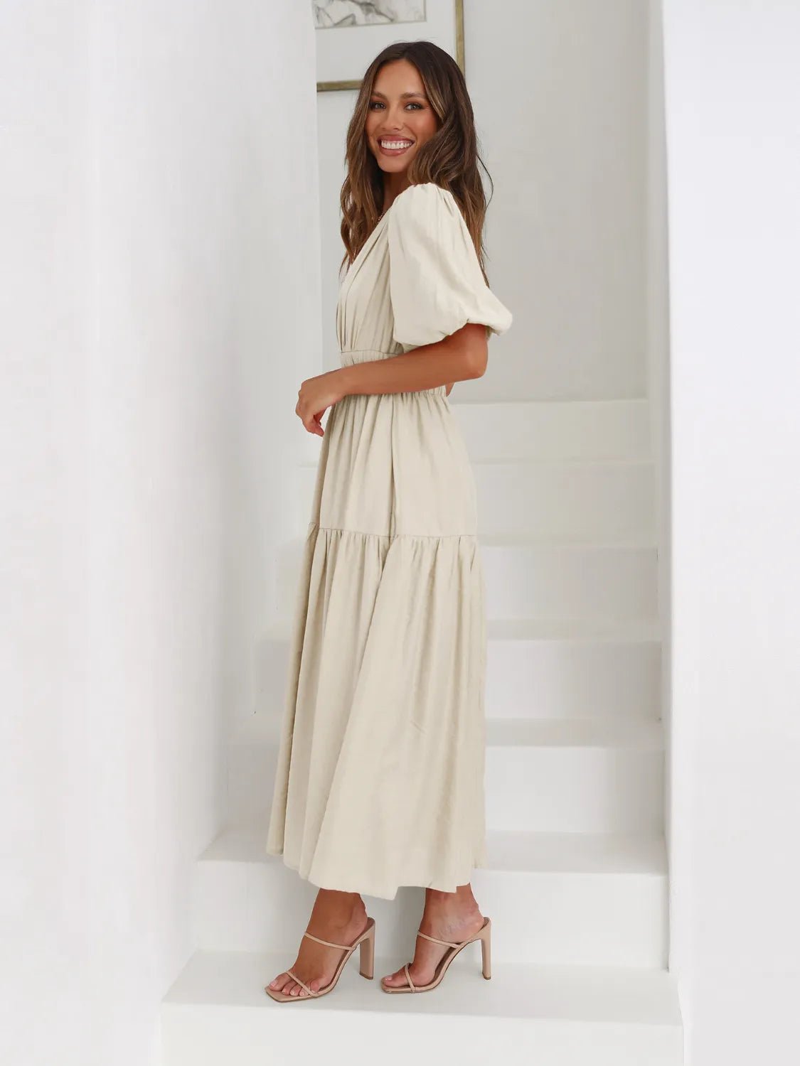 Tiered Surplice Half Sleeve Midi Dress - MAD RUFFI