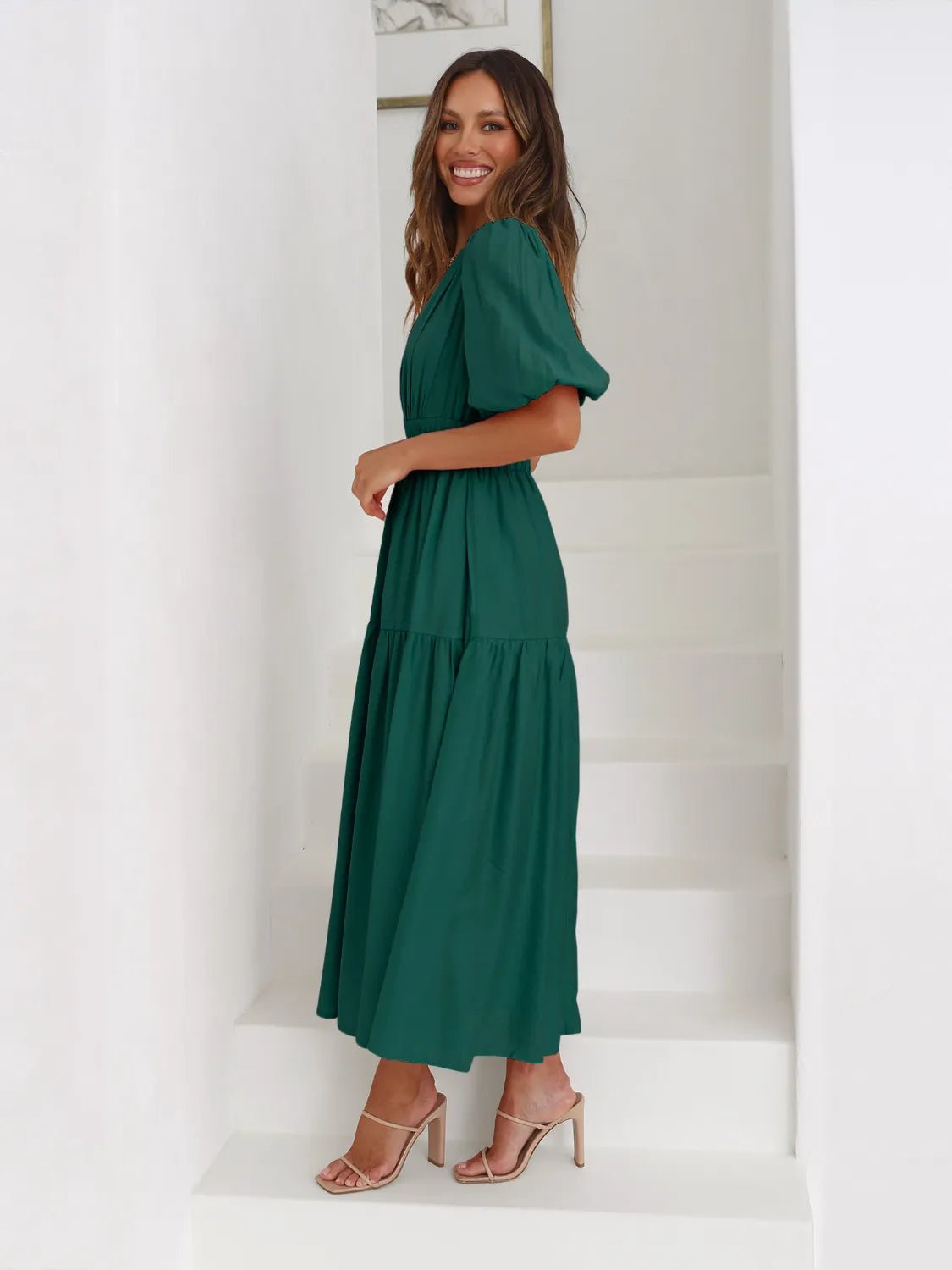 Tiered Surplice Half Sleeve Midi Dress - MAD RUFFI