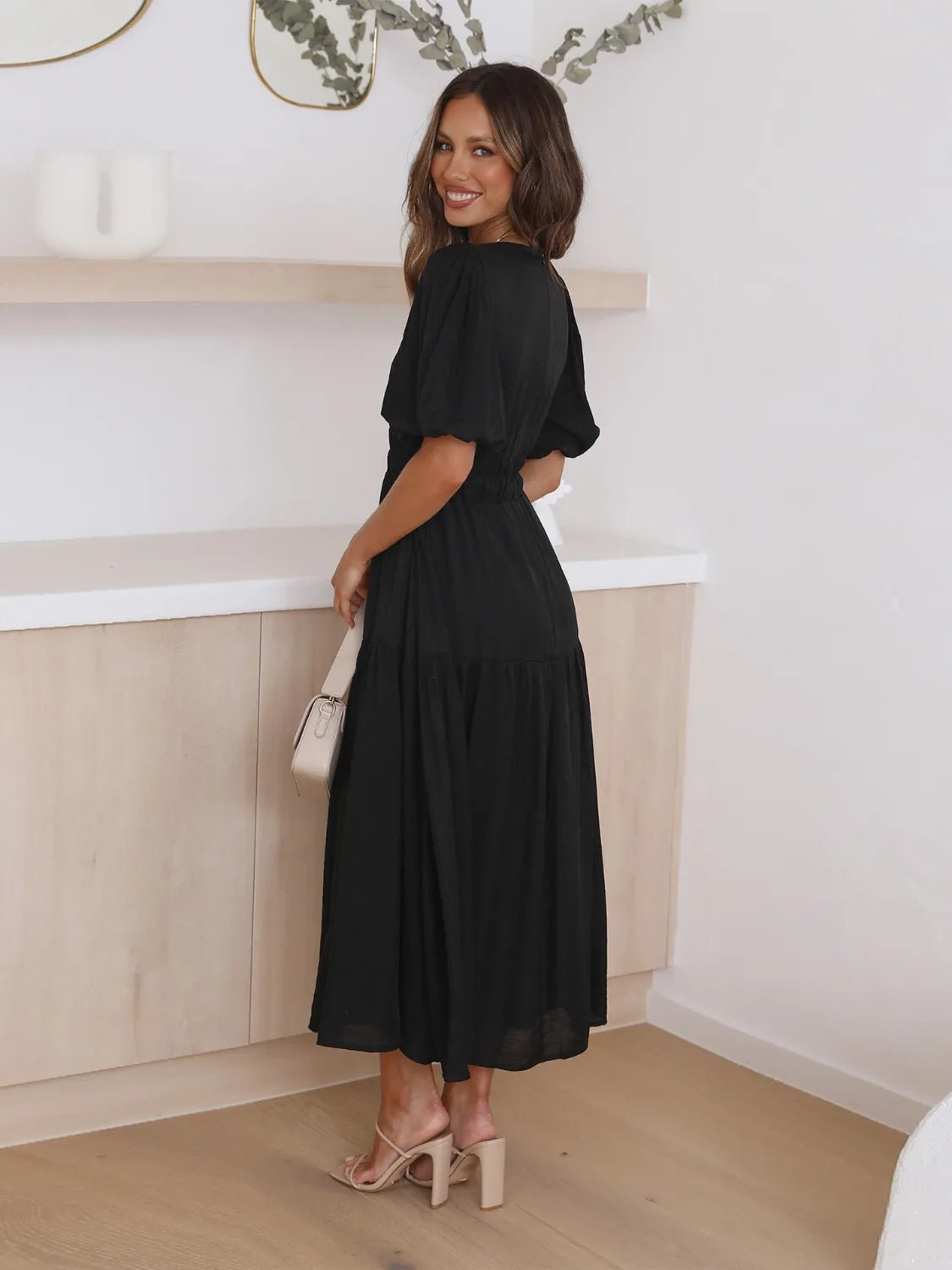 Tiered Surplice Half Sleeve Midi Dress - MAD RUFFI