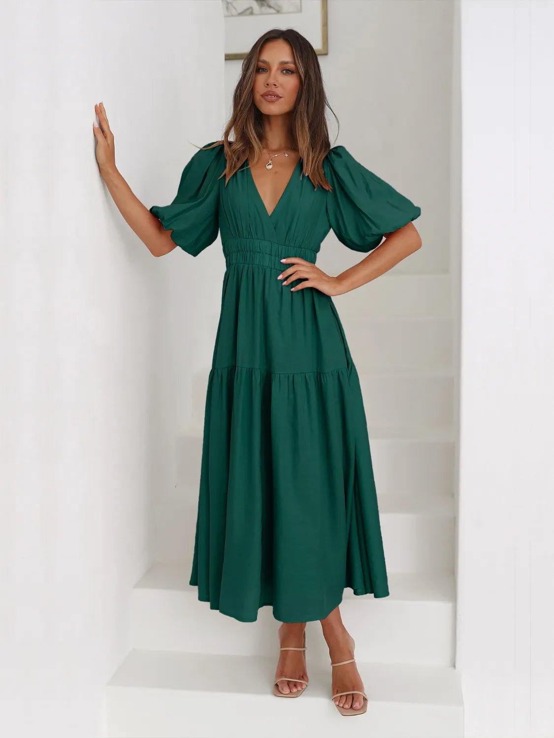 Tiered Surplice Half Sleeve Midi Dress - MAD RUFFI